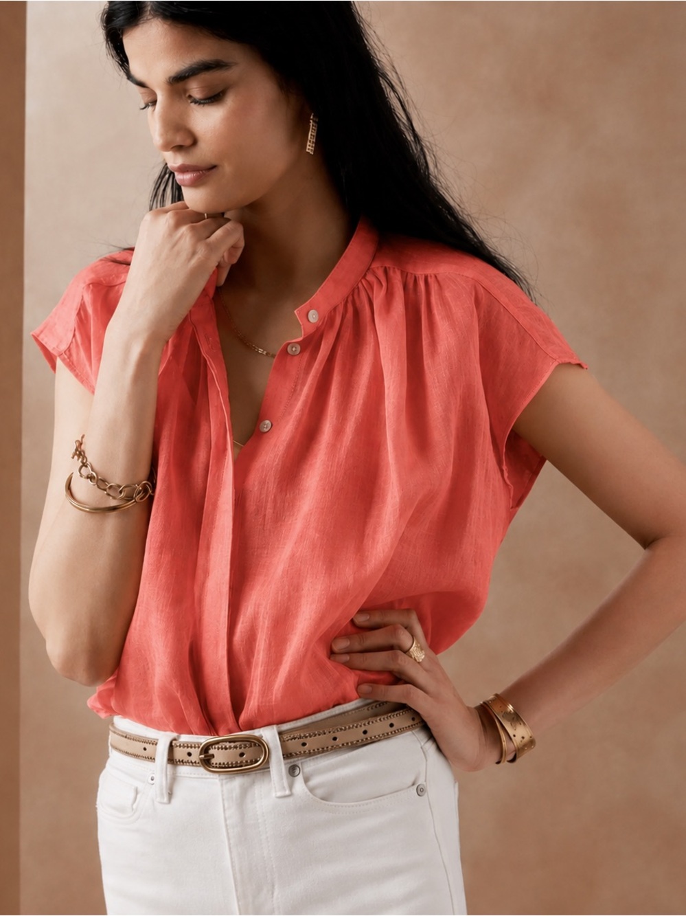 Banana Republic 100% Ramie Button Front Blouse Red Orange Size Small